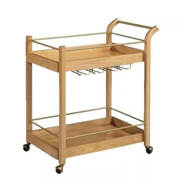 Imagem de Carrinho de Armazenamento Carrinho de bar vintage de madeira, carrinho de servir com suporte para vinho, carrinho de cozinha sobre rodas, estrutura de madeira e metal, 2 camadas, marrom Carrinho de Ar