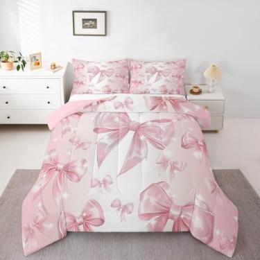Imagem de Erosebridal Conjunto de cama infantil com laço kawaii, rosa, para decoração de quarto de princesa, com estampa de laço fofo, Queen, conjunto de edredom feminino, 2 fronhas