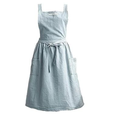Imagem de Avental feminino retrô literatura arte algodão linho cruz costas florista roupas café cozinha cozinha avental casual azul claro, avental para mulheres impermeável