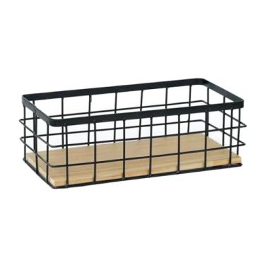 Imagem de Cesta de armazenamento em grade, cestas de armazenamento de arame, bandeja de armazenamento montada na parede, caixas organizadoras de quarto com base de madeira 29 x 13 x 10 cm