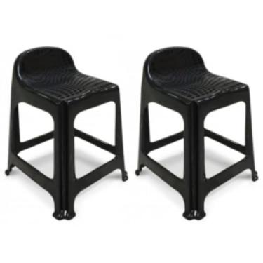 Imagem de Kit 2 Banquetas de Plástico Banquinho Com Encosto Preto Empilhável