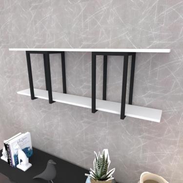 Imagem de Prateleira Industrial Suspensa Estante Parede Nicho Branca Ferro E Madeira Suporte Pratileira
