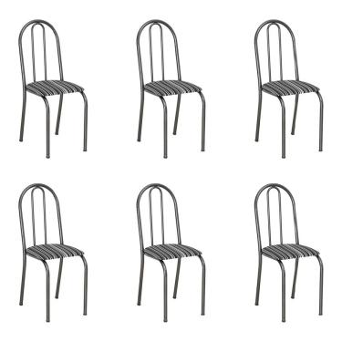 Imagem de Kit 6 Cadeiras De Cozinha Califórnia Estampado Preto Listrado Pés De Ferro Preto