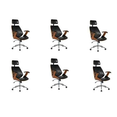Imagem de Kit Com 6 Cadeiras De Escritório Presidente Giratória Com Apoio De Cabeça Office Lisboa Preto