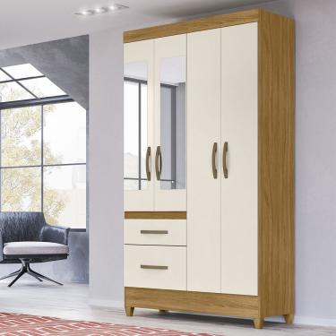 Imagem de Guarda-roupa Solteiro Com Espelhos 4 Portas 2 Gavetas E Pés Madri Freijó-off