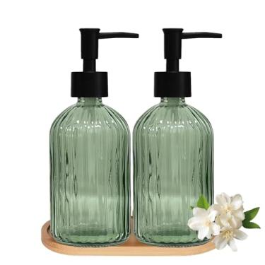 Imagem de Conjunto de 2 dispensadores de sabão de vidro para mãos e louças com bombas de plástico, bandeja de bambu, dispensador de sabão de banheiro verde de 382 g com listras verticais para lavar à mão e