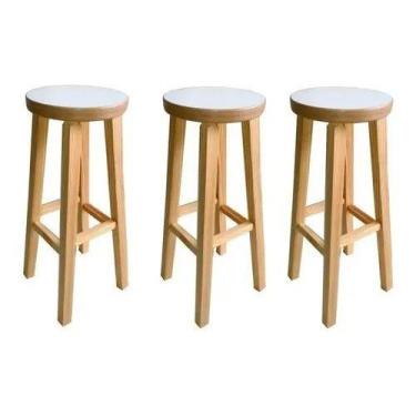 Imagem de Kit 3 Banqueta Alta Hardman Madeira Natural Assento Redondo Mdf Branco