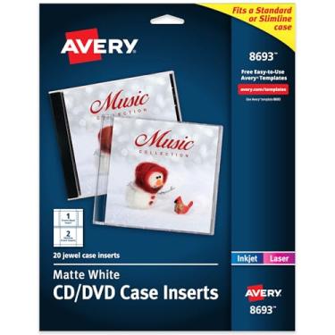 Imagem de Avery Inserções de caixa de CD para impressão, branco fosco, compatível com impressora a laser e jato de tinta, 20 inserções padrão e slim, ideais para CDs, DVDs, apresentações, portfólios e muito