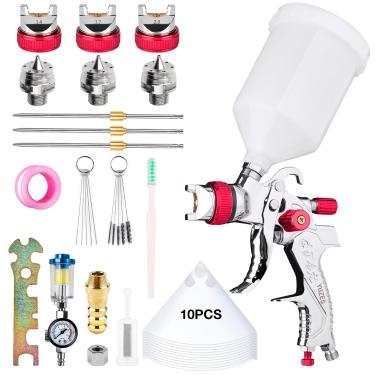 Imagem de YUZES Pistola de Pulverização Hvlp com Bicos de 1,4/1,7/2,0 Mm e Regulador de Ar, Separador de Água e Óleo, 10 Filtros de Tinta, Copo de 600 Cc, Pistola de Pintura Automotiva, Pist (, Vermelho A)