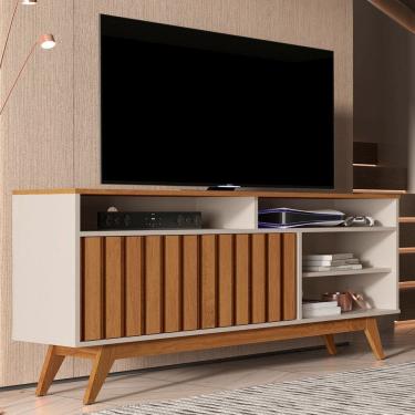 Imagem de Rack para TV Até 60 Polegadas Real 2 Portas Ripado Off White/Freijó - Giga Móveis