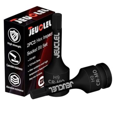 Imagem de JEUCLEL 2 peças de soquete hexagonal de 9 mm, soquete Allen de acionamento de impacto H9 de 1/2 polegada, adaptador de chave de fenda hexagonal com alongamento de aço Cr-Mo para chaves catracas