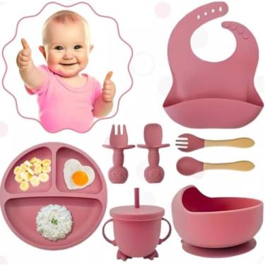 Imagem de Kit Introdução Alimentar Bebe 8 Peças 100% Seguro Livre de BPA Antibacteriano Prato + 2 Talheres Silicone + 2 Talheres Cabo de Madeira Sem Pontas + Bowl Babador Copo (Rosa Escuro)