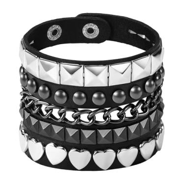 Imagem de Pulseiras punk cravadas para homens e mulheres: 3 peças ajustáveis góticas cravejadas pulseira de couro para concerto de rock de Halloween, Standard, Liga de aço, Sem Pedra Preciosa