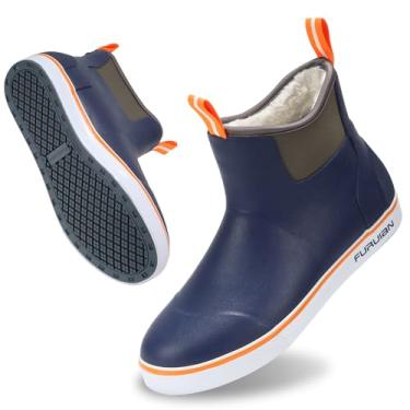 Imagem de Furuian Botas masculinas de borracha com forro felpudo, botas de pesca no tornozelo, botas de chuva masculinas antiderrapantes e quentes para inverno, botas de neve à prova d'água para pesca