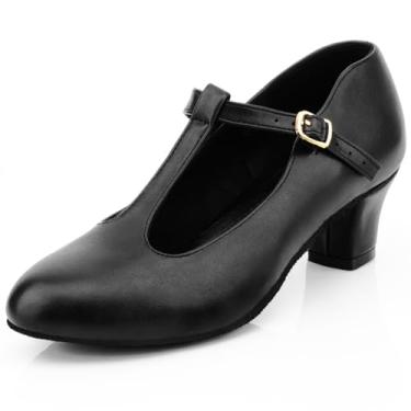 Imagem de Bokimd Sapato social feminino com alça em T – Saltos de dança salsa de couro, Preto, 37