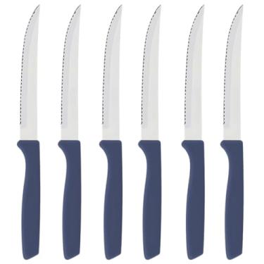 Imagem de Conjunto de 6 facas serrilhadas em aço inoxidável Conjunto de talheres para churrasco Faca para pão(Azul)