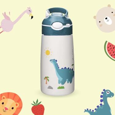 Imagem de Garrafa térmica infantil com canudo e trava de segurança antivazamento, Garrafinha aço inoxidável, 400ml, desenho Dinossauro - LionLemon Store