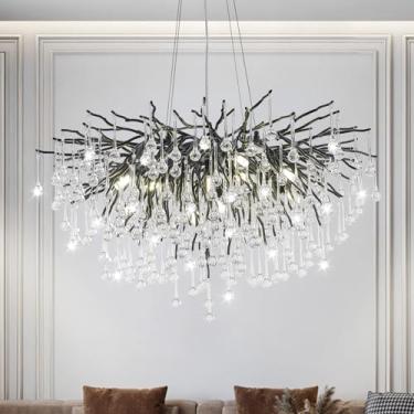 Imagem de NKJORTPPL Lustre de cristal preto lustres modernos de 59,9 cm para sala de jantar lustre de galho de árvore redondo lindo luminária suspensa vintage candelabro de casa de fazenda para foyer sala de