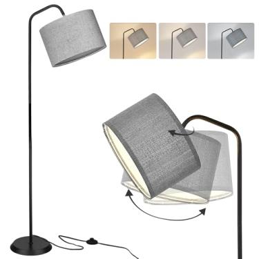 Imagem de ELYONA Luminária de chão de LED para quarto, 3 temperaturas de cores, lâmpada de leitura moderna com abajur ajustável de linho cinza, poste alto, lâmpada de metal com lâmpada de 9 W, sala de estar