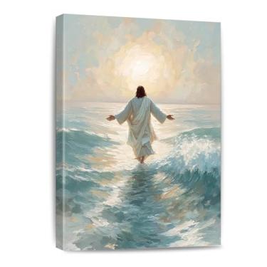 Imagem de Pintura de parede em tela Jesus andando na água, decoração de parede cristã, inspiradora para parede, impressão artística de retrato de Jesus para oração, igreja, casa, sala de estar, quarto