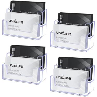 Imagem de Uniclife Pacote com 4 porta-cartões de visita de acrílico para mesa, 2 compartimentos, suporte de exibição transparente para homens e mulheres, organizador de cartões de visita para escritório e casa