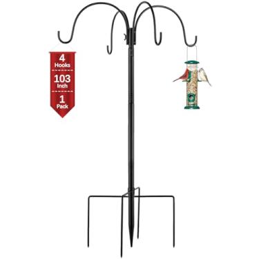 Imagem de Ganchos de pastores de 4 ganchos para uso externo, poste de alimentador de pássaros resistente de 261 cm com base de 5 pinos, gancho de jardim ajustável para pendurar plantas, alimentador de