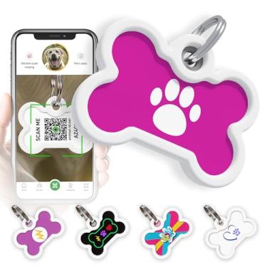 Imagem de ROVERTAGS Placa de identificação silenciosa para cães QR Code Placa de identificação personalizada com perfil online (osso, pata rosa)