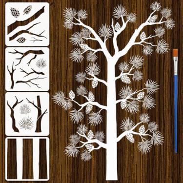 Imagem de FINGERINSPIRE Estêncis de pinheiro, 4 peças, 30,5 x 30,5 cm, estênceis de parede, troncos de árvores, ramos de pinhas e agulhas, modelos de desenho com um pincel para móveis de chão de parede