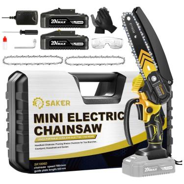 Imagem de Mini Motosserra Elétrica Portátil para Poda de Galhos, Movida a Bateria 20V, Saker, Amarela