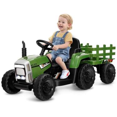 Imagem de Trator Elétrico Infantil 2 em 1 com Reboque, Controle Remoto, Câmbio de 3 Marchas, Música, USB e Bluetooth, 12V, Olakids, Verde Escuro