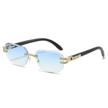 Imagem de Óculos de sol femininos luxuosos, sem armação, com gradiente, personalidade, design de armação de diamante, óculos casuais masculinos, UV400 (azul dourado)