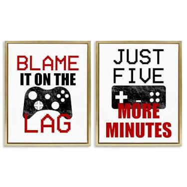 Imagem de Stupell Industries Funny Gamer Phrases Conjunto de tela flutuante com moldura dourada de 2 peças, design de Kim Allen, 78 x 63 cm