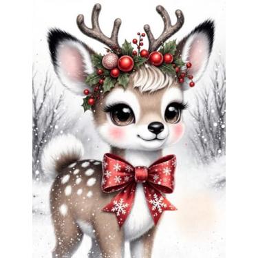 Imagem de Diymood Kits de Natal DIY 5D Diamond Art Painting for Adults, Paint with Diamond Art Deer Full Drill Round Canvas Bordado Mosaico Iniciante Casa Decoração de Parede Presente 30 x 40 cm C8