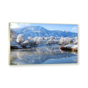 Imagem de NHLDZYH Moldura champanhe. Quadro de tela de inverno, (reflexo de ponte com neve), impressão de alta resolução cena natural branca para decorar a sala, pronto a pendurar. 70x112cm