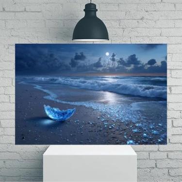 Imagem de Arte de parede em tela rústica vintage escultura de vidro de praia iluminada pela lua - Pôster sem moldura de 30 x 45 cm - Decoração de casa e escritório para sala de estar, quarto, cozinha e café