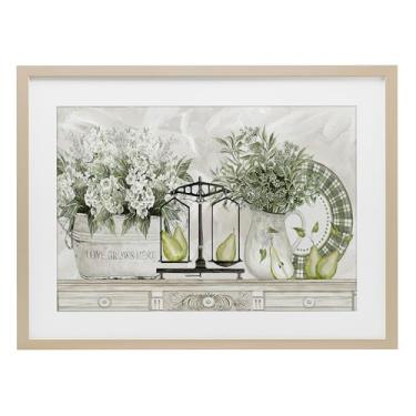 Imagem de Stupell Industries Flores e peras na prateleira impressão emoldurada branca sob vidro, design por Cindy Jacobs, 43 x 58