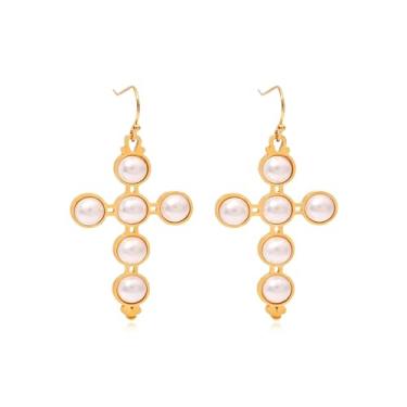 Imagem de Brincos de cruz de pérola para mulheres, brincos de argola de ouro delicados, acessórios de joias modernas para roupas de férias, Metal, Sem pedra preciosa