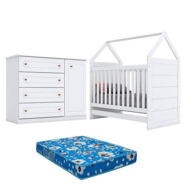 Imagem de Berço Montessoriano Americano E Cômoda Infantil Mississipi Branco Com Colchão Ortobom – Henn