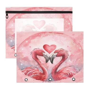 Imagem de SEHANY Pasta de lápis flamingo rosa com 3 anéis – Bolsa para documentos tamanho A4 com janela transparente para sala de aula, escritório, 2 peças