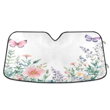 Imagem de ATTX Para-brisa de carro de flores silvestres e borboletas 139.7 cm x 70.1 cm Protetor solar universal com proteção UV, persiana de janela frontal automática dobrável para sedãs SUVs caminhões #415