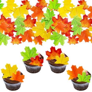 Imagem de Gyufise 50 peças de folhas de outono comestíveis topos de cupcake folhas douradas topo de bolo outono folhas de bordo wafer arroz papel decorações de bolo para Ação de Graças, casamento, festa de
