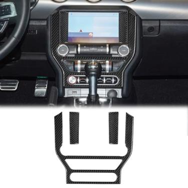 Imagem de SUNJIKA Consoles centrais de fibra de carbono, botão de ar condicionado, acabamento de decoração de painel compatível com acessórios interiores Ford Mustang 6ª geração 2015-2023 (3 peças preto)