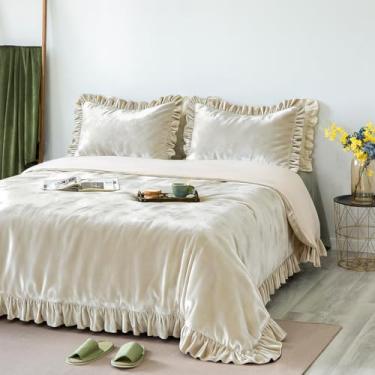 Imagem de GLORY SEASON Conjunto de capa de edredom de veludo retrô com babados acabamento luxuoso sólido marfim branco fazenda vintage conjuntos de roupa de cama, fronhas combinando para decoração de quarto de
