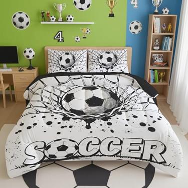 Imagem de BQH Conjunto de cama de futebol para meninos – Conjunto de edredom completo de 5 peças com estampa de bola de futebol e gol, cama em uma bolsa preta e branca para decoração de quarto de crianças