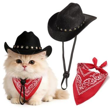 Imagem de Fantasia de cowboy para animais de estimação, chapéu de cowboy de Halloween com cachecol bandana para decoração de festa de Halloween (preto, pequeno)