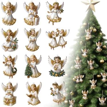 Imagem de 12 peças de enfeites de Natal de anjo de madeira, decoração de Natal religiosa estilo vintage para árvore de Natal, casa rústica e decoração de férias