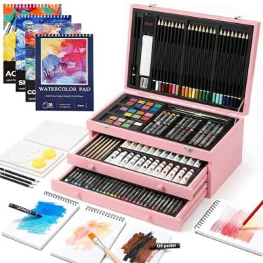 Imagem de Conjunto de arte de luxo de 194 peças, materiais de arte de desenho de pintura com 4 blocos de desenho, tintas acrílicas, giz de cera, lápis de cor conjunto em caixa de madeira, kit de arte caixa de
