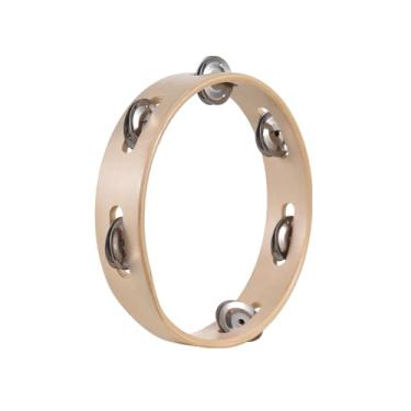 Imagem de Pandeiro de madeira 8 polegadas para adultos com anéis sino metal em fileira única instrumento percussão manivela manual som sininho agradável suprimentos casa escola e festas