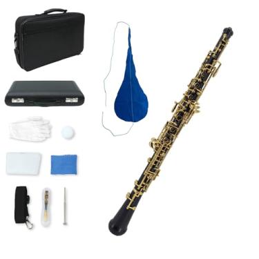 Imagem de Yinfente Oboé profissional banhado a ouro ébano chave C esquerda F ressonância instrumento de sopro semiautomático com palheta de oboé, luvas, estojo de couro + bolsa de transporte, pano de limpeza