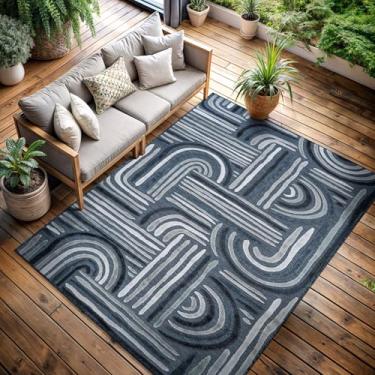 Imagem de CAMILSON Tapete para ambientes internos e externos, azul marinho, 20 x 25 cm, arco geométrico, listrado, tapete para pátio e casa, sala de estar, jardim e deck lavável (20 x 25)